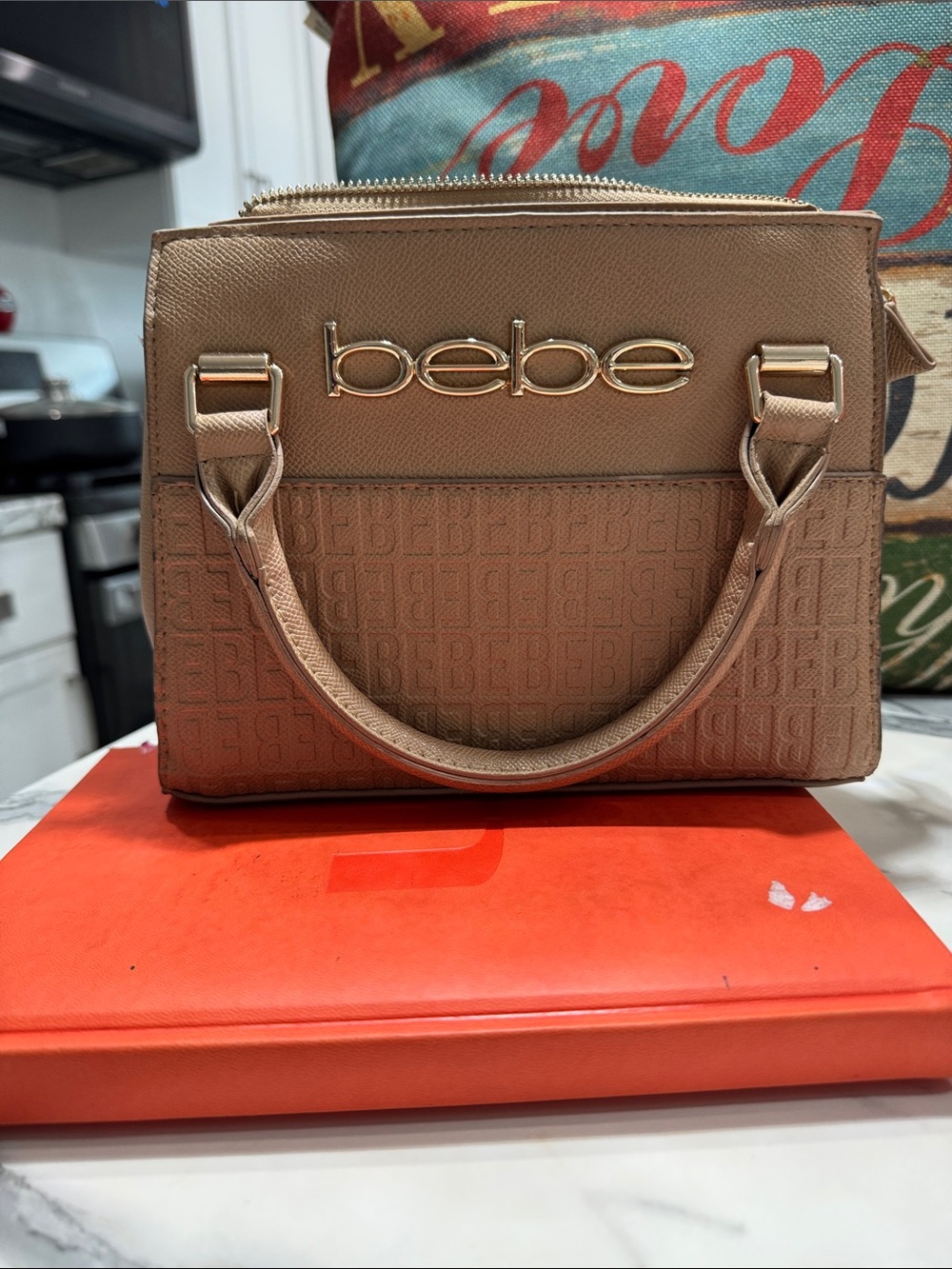 bebe Taupe Tan Box Satchel with Gold Logo